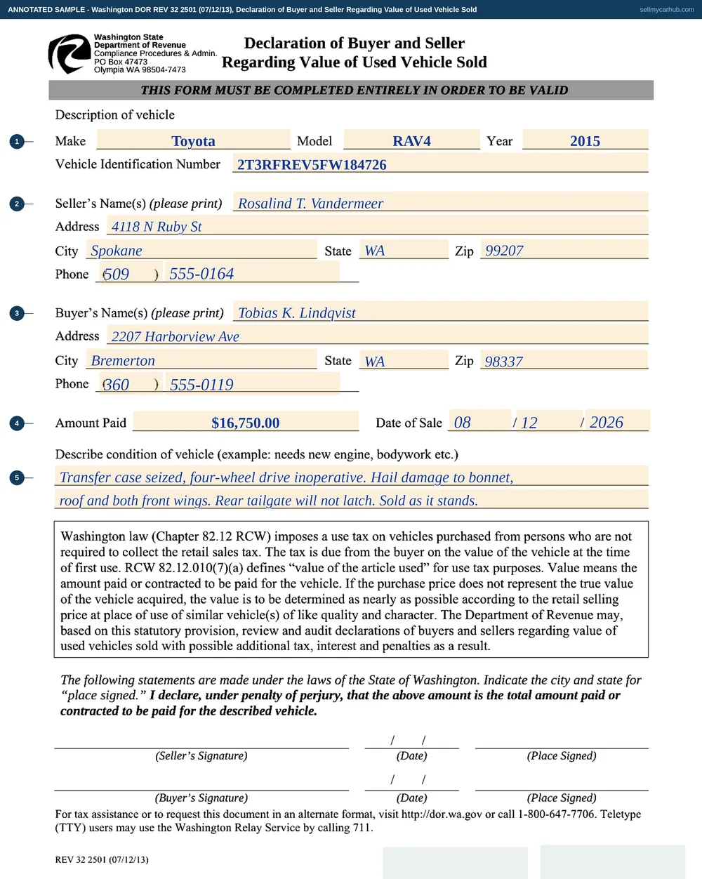 A completed Washington Department of Revenue Declaration of Buyer and Seller Regarding Value of Used Vehicle Sold, describing a 2015 Toyota RAV4 with a seized transfer case and hail damage, an amount paid of 16,750 dollars, a sale date of 12 August 2026, seller Rosalind Vandermeer of Spokane and buyer Tobias Lindqvist of Bremerton, and the two signature lines at the foot left empty because the form prints them as rules rather than boxes.