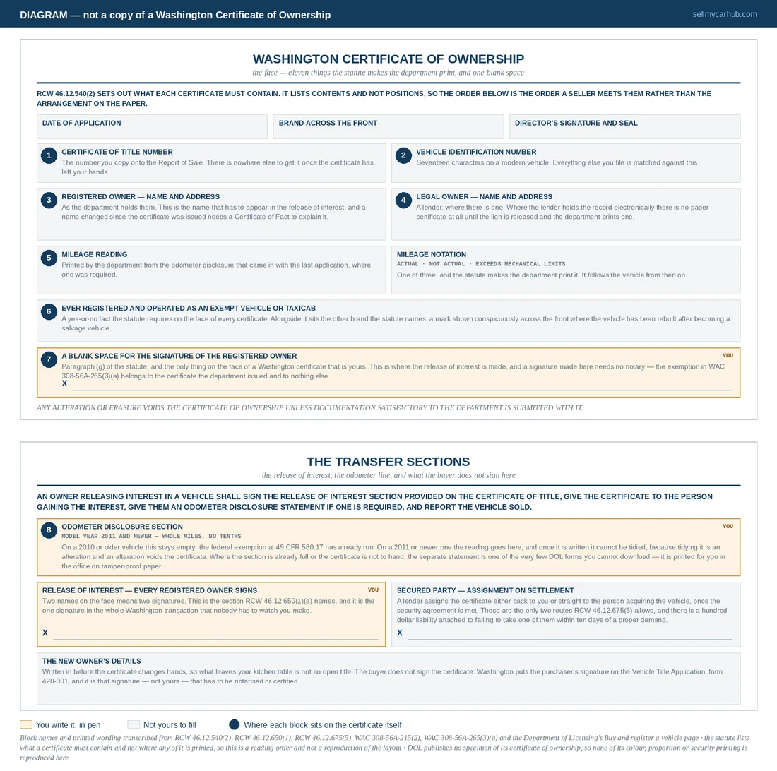 A layout diagram of a Washington Certificate of Ownership, front and back. The front carries department-printed blocks shaded grey - the certificate of title number, the date of application, the vehicle identification number, the registered and legal owner names and addresses, the recorded mileage with its actual, not actual or exceeds mechanical limits notation, a brand band across the top of the page, and the director's signature and departmental seal - with the blank space for the registered owner's signature outlined in amber. The back carries the release of interest section in amber with signature lines for each registered owner and for the secured party, and a grey block for the new owner's details.