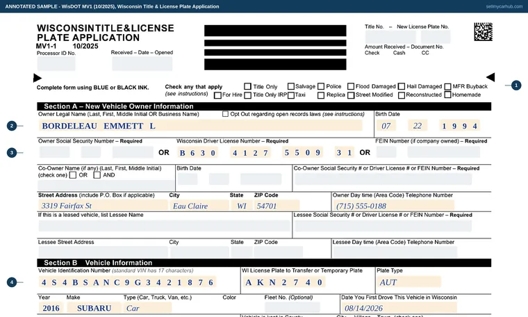 Top of our filled-in example of Wisconsin MV1, Wisconsin Title & License Plate Application