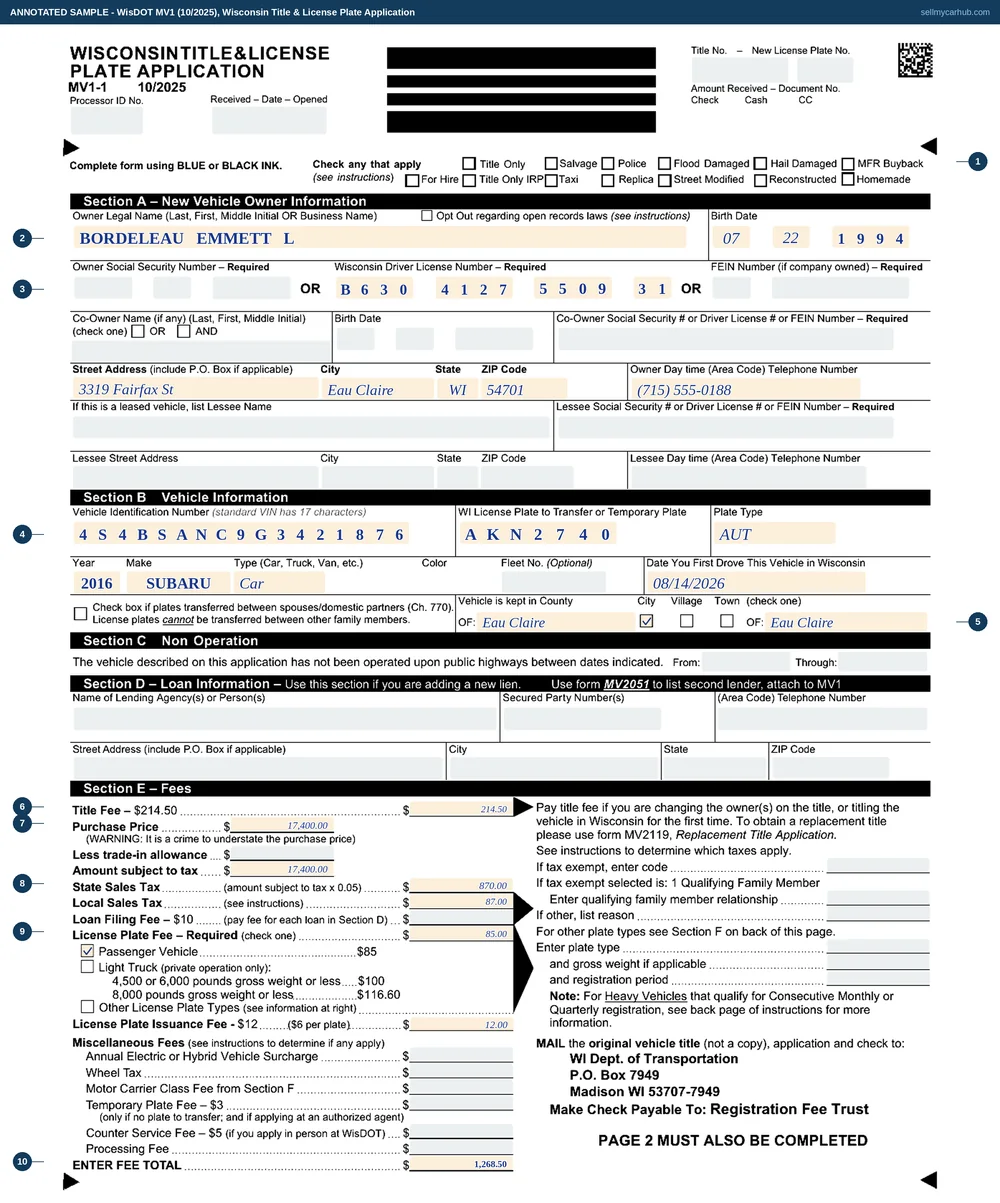 A completed Wisconsin Title & License Plate Application, form MV1, filled in for a 2016 Subaru Outback bought in Eau Claire: the buyer's name Bordeleau Emmett L in the comb across Section A, a Wisconsin driver licence number, the vehicle identification number, the plate type, the county the car is kept in, a title fee of 214.50, a purchase price of 17,400.00, state sales tax of 870.00, local sales tax of 87.00, an 85 dollar passenger plate fee and a 12 dollar issuance fee.