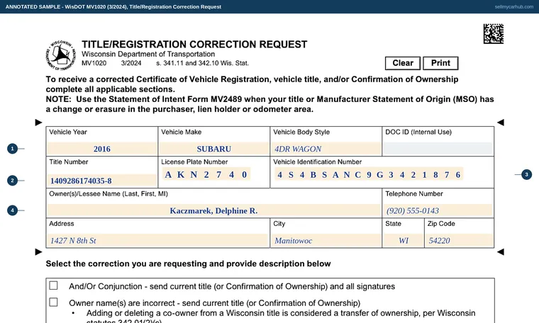 Top of our filled-in example of Wisconsin MV1020, Title/Registration Correction Request