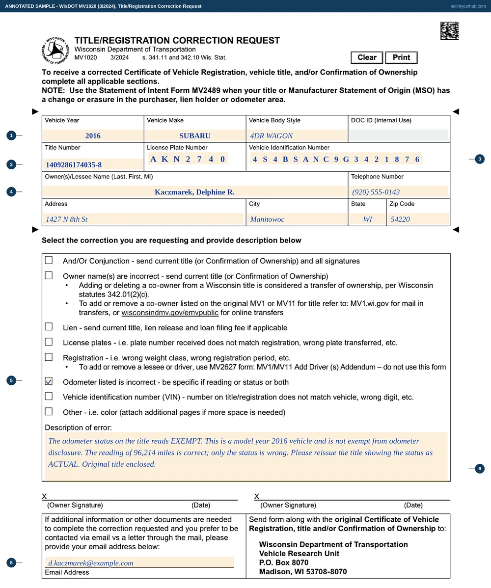 A completed Wisconsin Title/Registration Correction Request, form MV1020, filled in for a 2016 Subaru Outback whose title number and vehicle identification number are given, with the Odometer listed is incorrect box ticked and a written description explaining that the status was printed as exempt on a model year 2016 vehicle, signed and dated by the owner in Manitowoc.