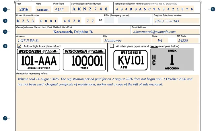 Part of our filled-in example of Wisconsin MV2030, License Plate/Registration Refund Request, showing the filled-in entries