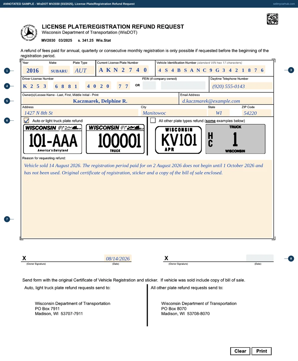 A completed Wisconsin License Plate/Registration Refund Request, form MV2030, filled in for a 2016 Subaru Outback whose registration period had not yet begun: plate number AKN2740, the vehicle identification number, a Wisconsin driver licence number in its comb, the owner's Manitowoc name and address, the auto or light truck refund box ticked, and a written reason explaining that the vehicle was sold before the new registration period started.