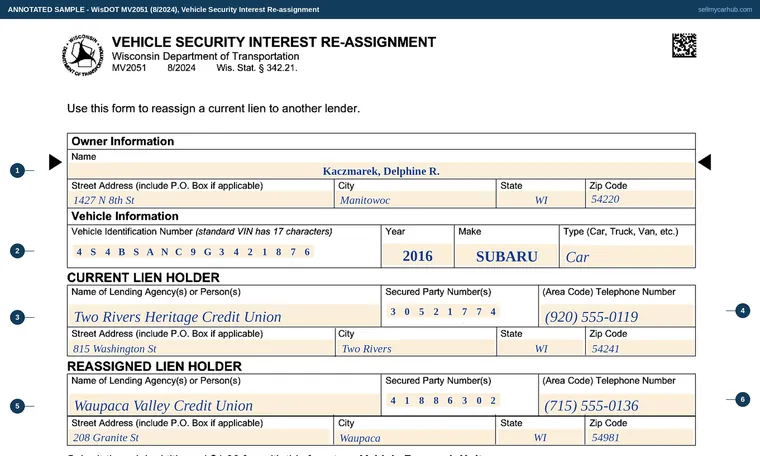 Top of our filled-in example of Wisconsin MV2051, Vehicle Security Interest Re-assignment