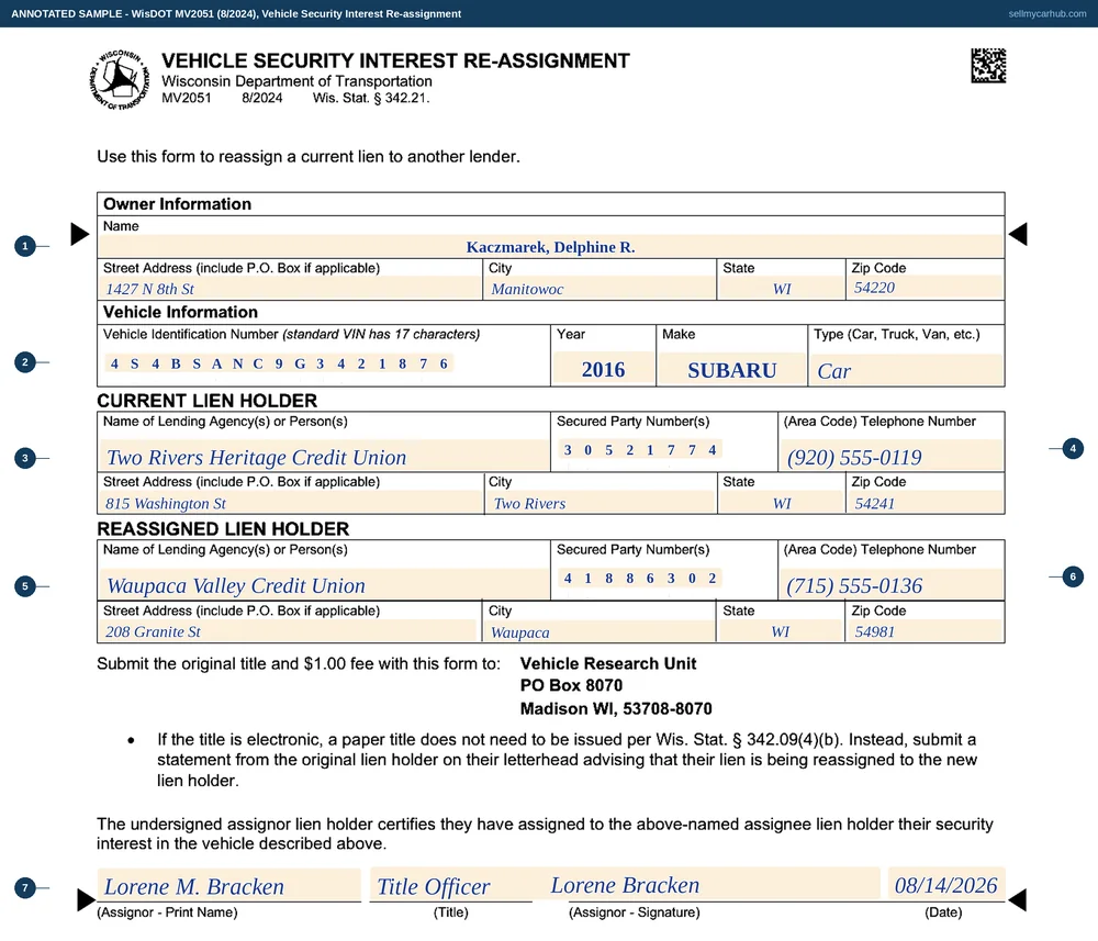 A completed Wisconsin Vehicle Security Interest Re-assignment, form MV2051, showing the owner's name and Manitowoc address, the vehicle identification number of a 2016 Subaru Outback, a current lien holder with its secured party number and address, a reassigned lien holder with its own number and address, and the outgoing lender's printed name, job title, signature and date at the foot.