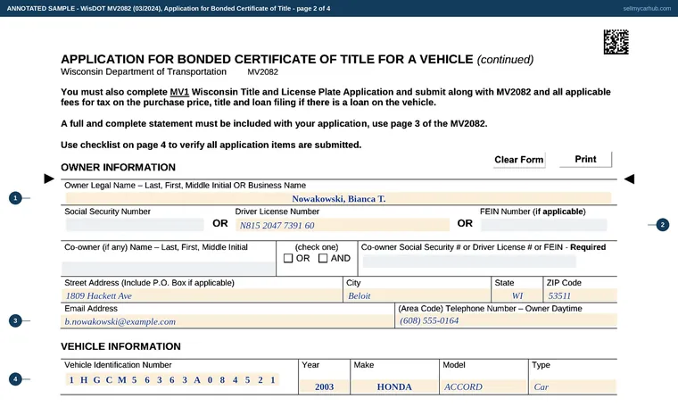 Top of our filled-in example of Wisconsin MV2082, Application for Bonded Certificate of Title for a Vehicle