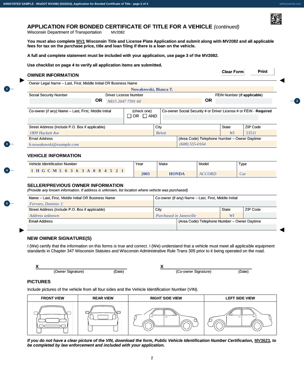 A completed page two of the Wisconsin Application for Bonded Certificate of Title, form MV2082, showing the applicant's name and Beloit address, a Wisconsin driver licence number, the vehicle identification number of a 2003 Honda Accord with its year, make, model and type, and a seller and previous owner block giving what little is known about the person the car came from.