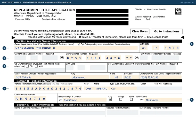 Top of our filled-in example of Wisconsin MV2119, Replacement Title Application