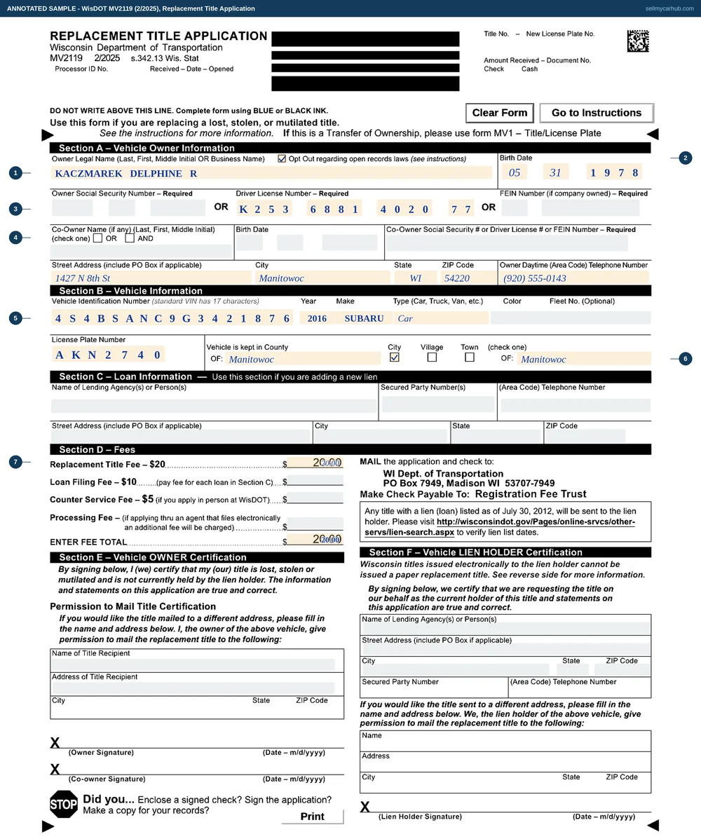 A completed Wisconsin Replacement Title Application, form MV2119, filled in by an owner in Manitowoc for a 2016 Subaru Outback: the owner's name in the comb across Section A, a birth date, a Wisconsin driver licence number, the seventeen-character vehicle identification number, the plate number AKN2740, the county the vehicle is kept in, and a fee total of 20.00 in Section D.