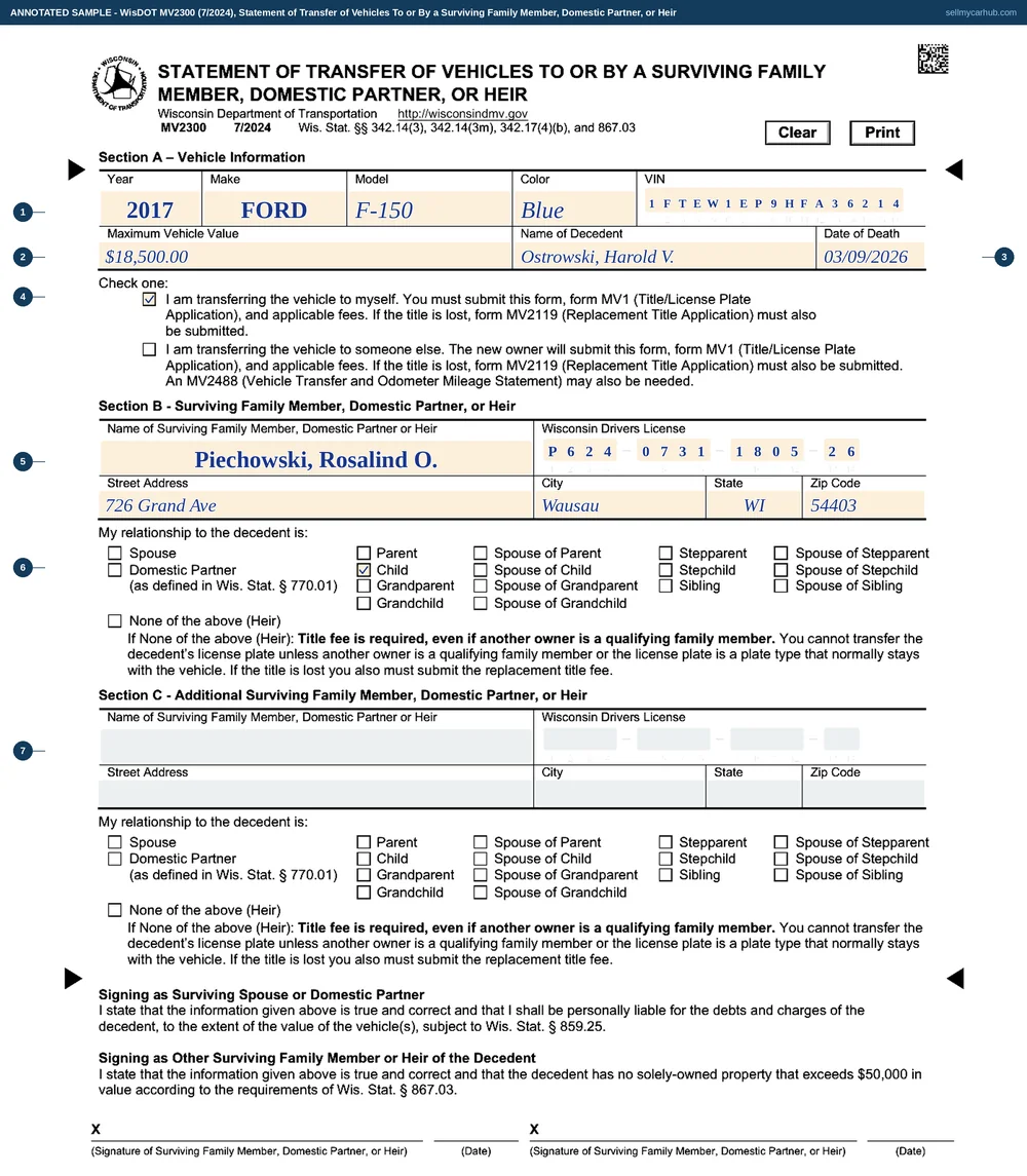 A completed Wisconsin Statement of Transfer of Vehicles To or By a Surviving Family Member, Domestic Partner, or Heir, form MV2300, for a 2017 Ford F-150 belonging to a decedent from Wausau: the vehicle identification number, year, make, model and colour, a maximum vehicle value, the decedent's name and date of death, the I am transferring the vehicle to myself box ticked, the surviving daughter's name, Wisconsin driver licence number and address, and the Child relationship box ticked in the grid.