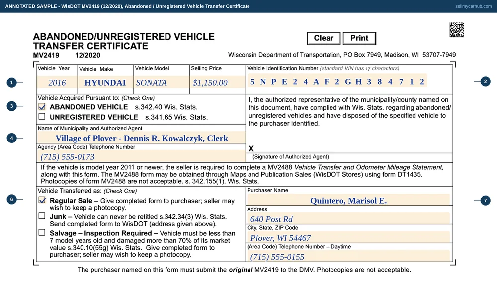 A completed Wisconsin Abandoned / Unregistered Vehicle Transfer Certificate, form MV2419, for a 2016 Hyundai Sonata disposed of by a Wisconsin village: the vehicle year, make, model and selling price across the top with the seventeen-character identification number, the abandoned vehicle box ticked, the municipality and its authorised agent named with a telephone number, the Regular Sale transfer box ticked, and the purchaser's name and address in the right-hand column.