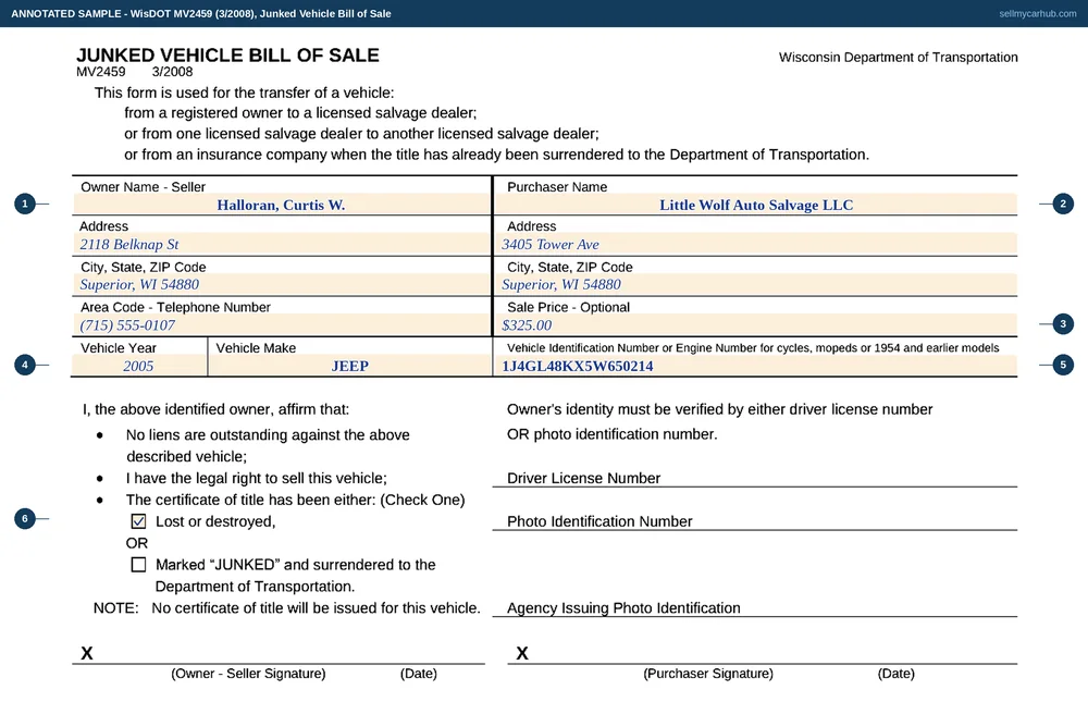 A completed Wisconsin Junked Vehicle Bill of Sale, form MV2459, for a 2005 Jeep Grand Cherokee: the owner's name, Superior address and telephone number in the left column, a licensed salvage dealer named as purchaser in the right column with its address, the vehicle year, make and identification number, and the Lost or destroyed box ticked. The identity, signature and date lines at the foot are printed rules with no fillable boxes behind them and are left empty.