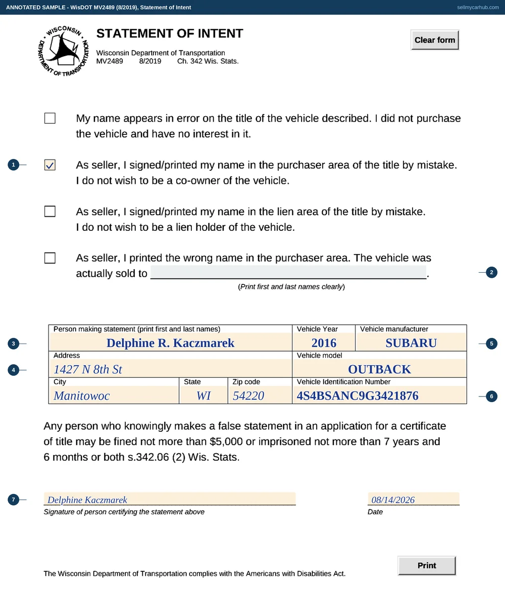 A completed Wisconsin Statement of Intent, form MV2489, with the second box ticked - as seller, I signed my name in the purchaser area of the title by mistake - and the statement made out by a seller in Manitowoc for a 2016 Subaru Outback, giving her printed name, address, the vehicle year, manufacturer, model and identification number, signed and dated at the foot.