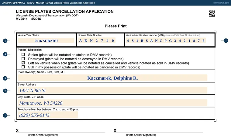 Top of our filled-in example of Wisconsin MV2514, License Plates Cancellation Application
