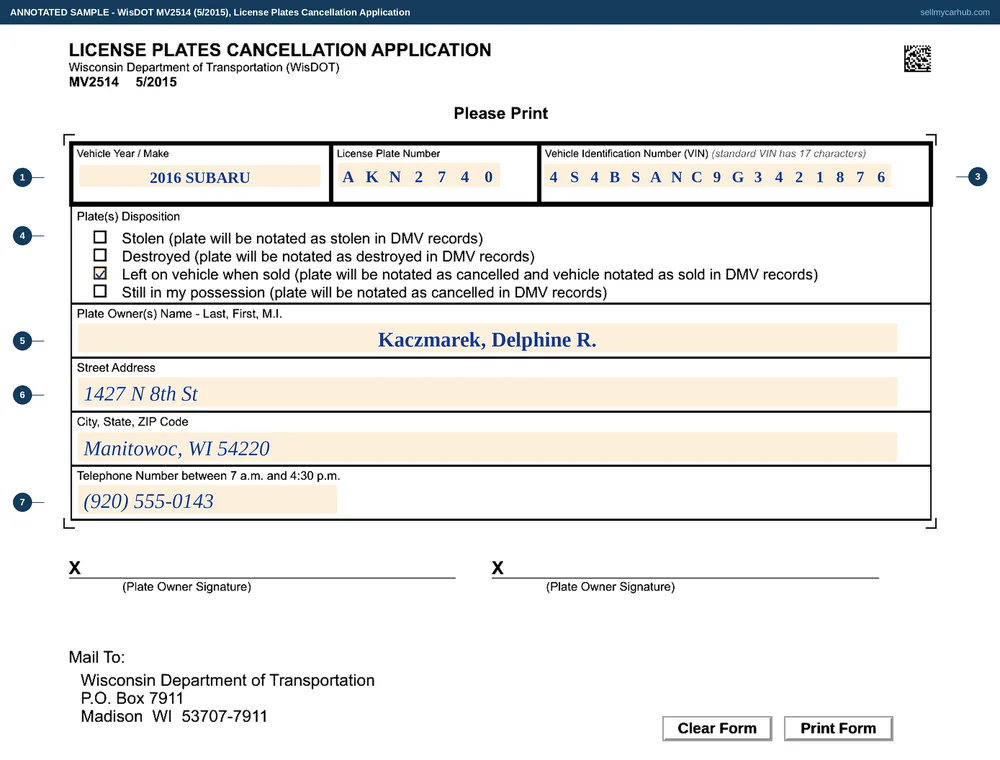 A completed Wisconsin License Plates Cancellation Application, form MV2514, filled in for a 2016 Subaru Outback: the plate number AKN2740 in its comb, the seventeen-character vehicle identification number, the Left on vehicle when sold box ticked, and the plate owner's name, Manitowoc address and daytime telephone number, signed at the foot.