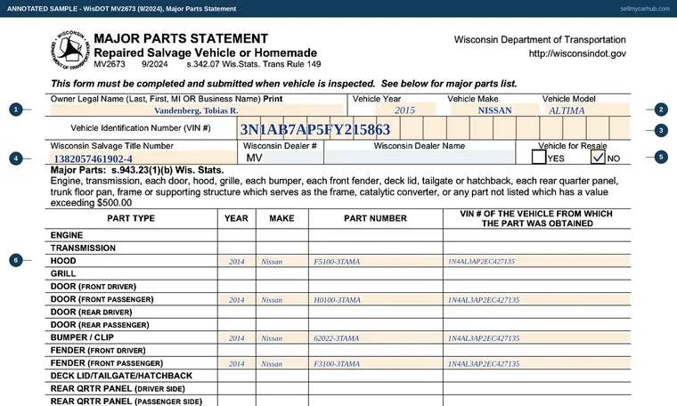 Top of our filled-in example of Wisconsin MV2673, Major Parts Statement (Repaired Salvage Vehicle or Homemade)