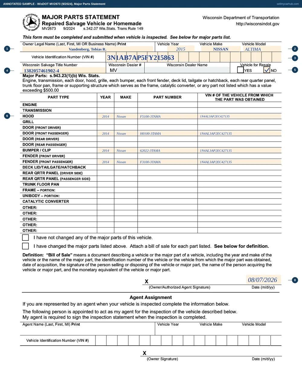 A completed Wisconsin Major Parts Statement, form MV2673, for a repaired 2015 Nissan Altima owned in La Crosse: the owner's name, vehicle year, make and model across the top, the vehicle identification number, the Wisconsin salvage title number, the Vehicle for Resale NO box ticked, and rows filled in for the hood, the front passenger door, the front passenger fender and the front bumper, each with the year, make, part number and the identification number of the donor vehicle.