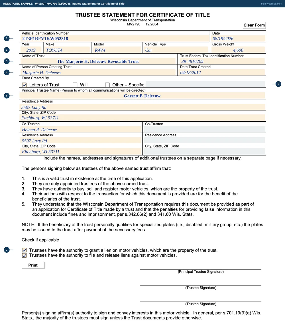 A completed Wisconsin Trustee Statement for Certificate of Title, form MV2790, for a 2019 Toyota RAV4 held in a family revocable trust: the vehicle identification number and date at the top, the trust name and its federal tax identification number, the person who created the trust and the date it was created, the Letters of Trust box ticked, a principal trustee with a Fitchburg address and one co-trustee, and the two lien authority boxes at the foot both ticked.