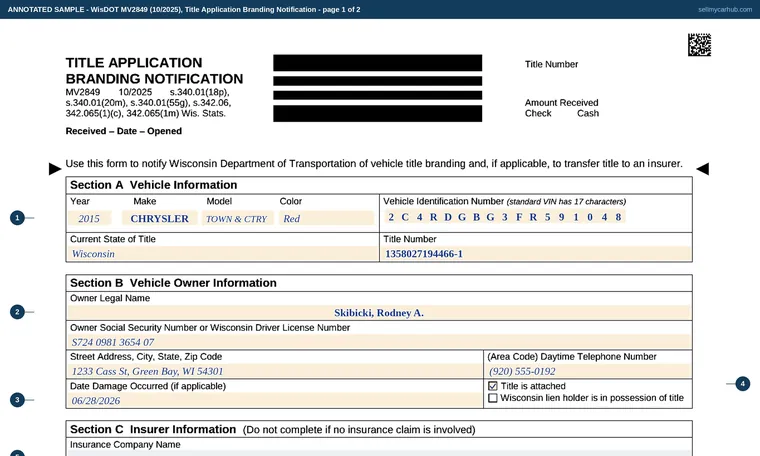 Top of our filled-in example of Wisconsin MV2849, Title Application Branding Notification