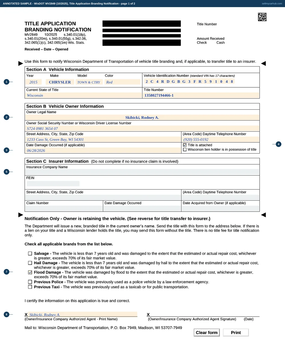 A completed page one of the Wisconsin Title Application Branding Notification, form MV2849, filled in by an owner in Green Bay for a 2015 Chrysler Town and Country: the vehicle identification number, year, make, model and colour in Section A with the Wisconsin title number, the owner's name, driver licence number, address and telephone in Section B, the date the damage occurred, the Title is attached box ticked, Section C left blank because no insurance claim is involved, and the Flood Damage brand ticked in the list at the foot.