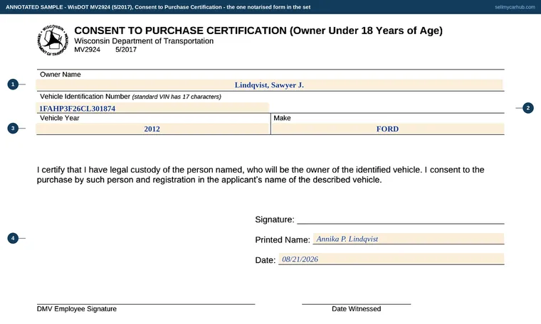 Top of our filled-in example of Wisconsin MV2924, Consent to Purchase Certification (Owner Under 18 Years of Age)
