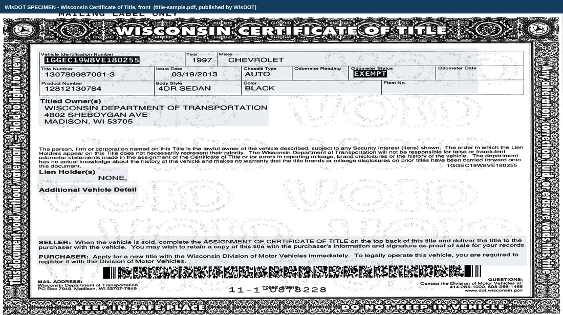 The front of a Wisconsin Certificate of Title, WisDOT's own void specimen, with VOID watermarked across the panel. The vehicle identification number, title number, product number, year, make, issue date, chassis type, body style, colour, odometer reading, odometer status and odometer date boxes across the top are shaded as department-printed, as are the titled owner block reading Wisconsin Department of Transportation, the lien holder block reading NONE and the additional vehicle detail block. The two paragraphs at the foot beginning SELLER and PURCHASER are shaded as well, because they are instructions rather than boxes. The border legends read KEEP IN SAFE PLACE, DO NOT KEEP IN VEHICLE, This document void without watermark - Hold to light to view, and Any alteration, correction fluid, or erasure voids this title.