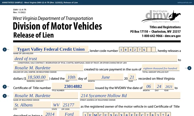 Top of our filled-in example of West Virginia DMV-12-A-TR, Release of Lien