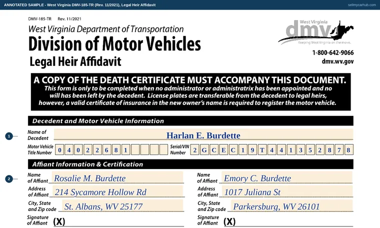Top of our filled-in example of West Virginia DMV-185-TR, Legal Heir Affidavit