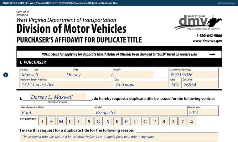 Top of our filled-in example of West Virginia DMV-1D-TR, Purchaser's Affidavit for Duplicate Title