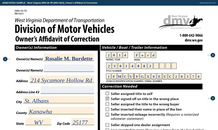Top of our filled-in example of West Virginia DMV-34-TR, Owner's Affidavit of Correction
