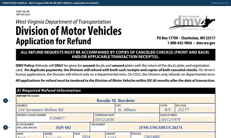 Top of our filled-in example of West Virginia DMV-38-AB, Application for Refund