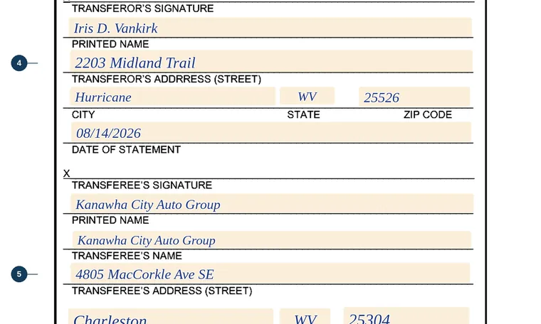 Part of our filled-in example of West Virginia DMV-43, Odometer Disclosure Statement (Dealers), showing the filled-in entries
