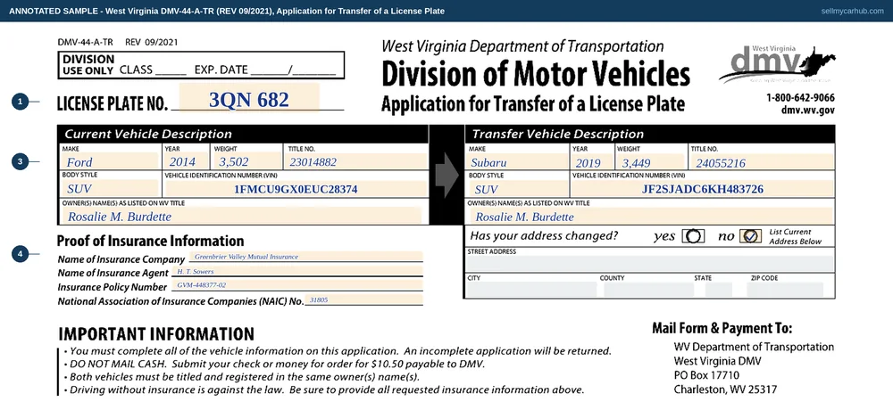 The West Virginia DMV-44-A-TR license plate transfer filled in: Rosalie M. Burdette moves her plate from the sold 2014 Ford Escape to her 2019 Subaru Forester, both titled in her name, with insurance details completed and no address change.