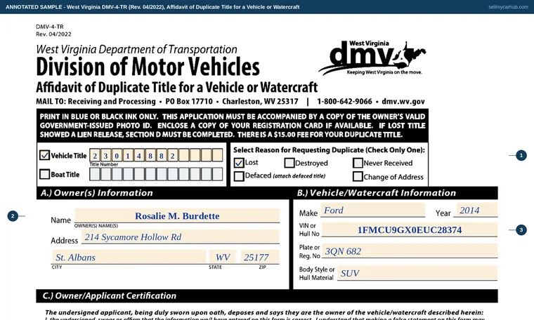 Top of our filled-in example of West Virginia DMV-4-TR, Affidavit of Duplicate Title for a Vehicle or Watercraft