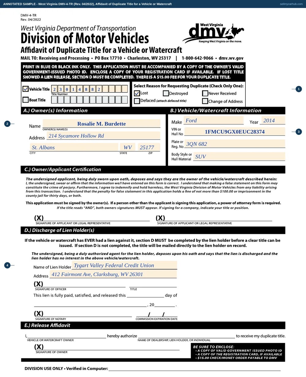 The West Virginia DMV-4-TR duplicate title affidavit filled in: owner Rosalie M. Burdette of St. Albans requests a duplicate for her lost 2014 Ford Escape title, the lost box checked, and section D naming Tygart Valley Federal Credit Union, whose officer and notary complete the discharge lines.