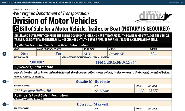 Top of our filled-in example of West Virginia DMV-7-TR, Bill of Sale for a Motor Vehicle, Trailer, or Boat (NOTARY IS REQUIRED)