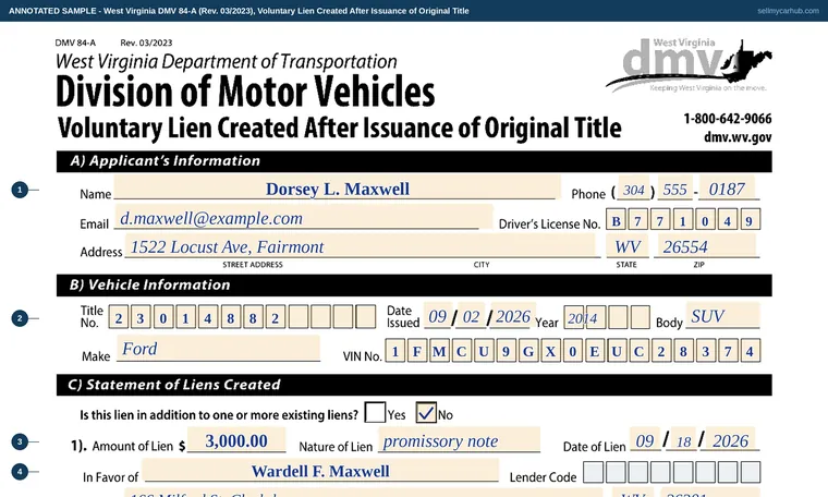 Top of our filled-in example of West Virginia DMV-84-A, Voluntary Lien Created After Issuance of Original Title