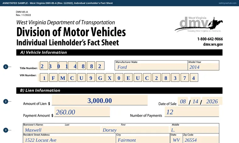 Top of our filled-in example of West Virginia DMV-85-A, Individual Lienholder's Fact Sheet