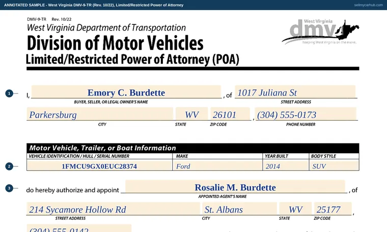 Top of our filled-in example of West Virginia DMV-9-TR, Limited/Restricted Power of Attorney (POA)