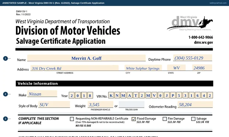 Top of our filled-in example of West Virginia DMV-SV-1, Salvage Certificate Application