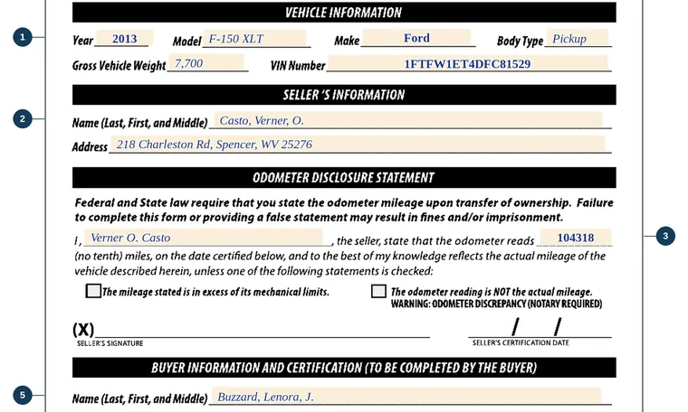 Part of our filled-in example of West Virginia DMV-TM-1, Odometer Certification, showing the filled-in entries