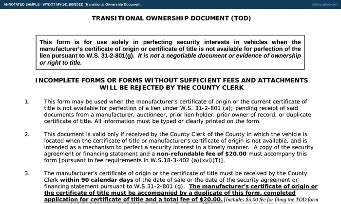 Top of our filled-in example of Wyoming MV-141, Transitional Ownership Document (TOD)