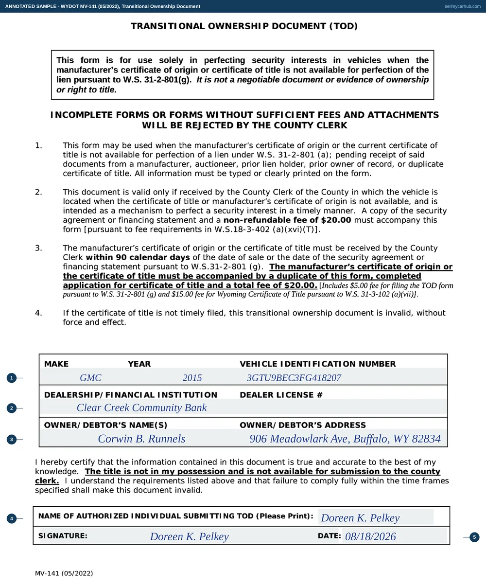 A completed Wyoming MV-141 Transitional Ownership Document. The vehicle row reads make GMC, year 2015 and identification number 3GTU9BEC3FG418207. The institution row names Clear Creek Community Bank with the dealer licence column left empty. The owner and debtor row names Corwin B. Runnels of 906 Meadowlark Ave, Buffalo, Wyoming 82834. Underneath the certification paragraph the authorised individual is printed as Doreen K. Pelkey and the date reads 08/18/2026. Every entry is washed in the grey used for somebody else's ink, because a seller signs nothing on this form.