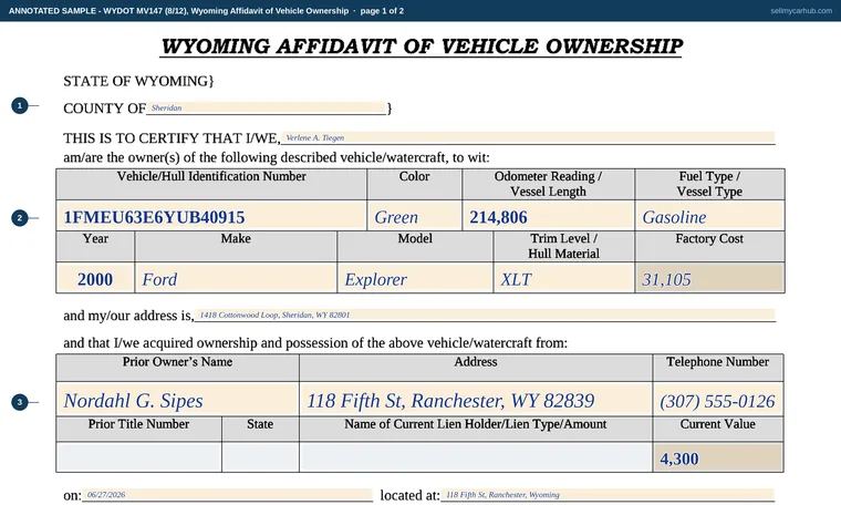Top of page 1 of our filled-in example of Wyoming MV147, Wyoming Affidavit of Vehicle Ownership