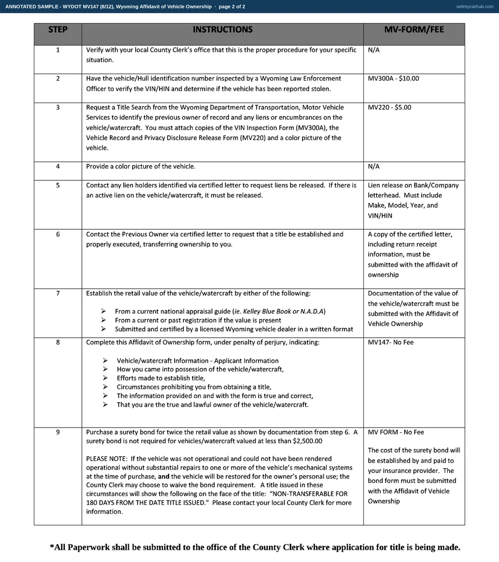 A completed Wyoming Affidavit of Vehicle Ownership. The county reads Sheridan and the certifying line names Verlene A. Tiegen. The vehicle block reads identification number 1FMEU63E6YUB40915, colour Green, odometer 214,806, fuel type Gasoline, year 2000, make Ford, model Explorer, trim level XLT and factory cost 31,105. The prior owner block names Nordahl G. Sipes of Ranchester, Wyoming, with the prior title number and state columns empty, no lienholder, and a current value of 4,300. The explanation reads that the vehicle was bought from an estate clean-out sale, that the seller could not find the certificate and has since moved with no forwarding address, and that a certified letter was returned unclaimed. The two yes-or-no questions under it are printed as bare words with no boxes drawn round them, so they are answered in ink. The applicant has printed and signed her name above the date.