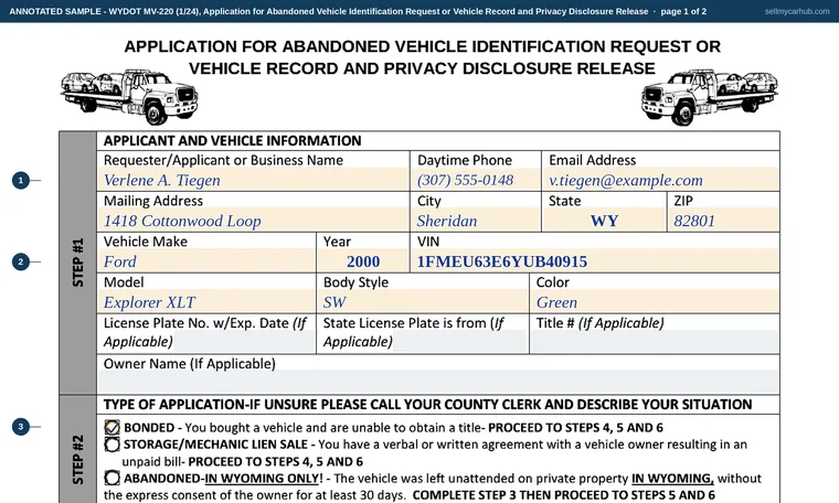Top of page 1 of our filled-in example of Wyoming MV-220, Application for Abandoned Vehicle Identification Request or Vehicle Record and Privacy Disclosure Release