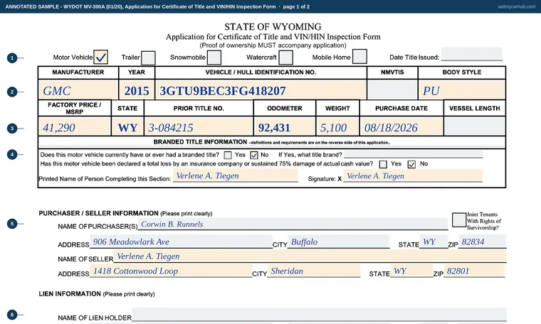 Top of page 1 of our filled-in example of Wyoming MV-300A, Application for Certificate of Title and VIN/HIN Inspection Form