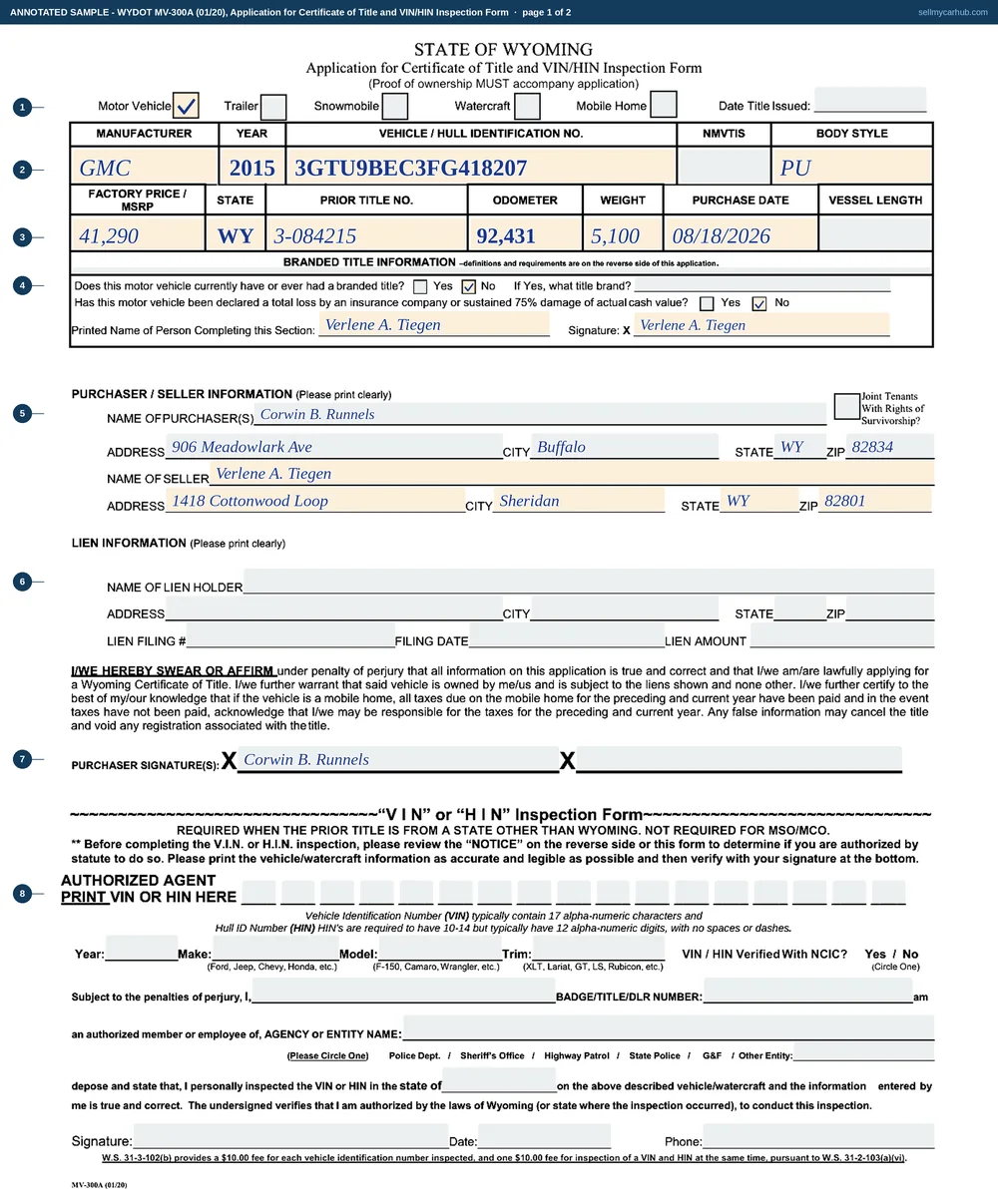 A completed Wyoming MV-300A, Application for Certificate of Title and VIN/HIN Inspection Form. The motor vehicle box is ticked. The vehicle row reads manufacturer GMC, year 2015, identification number 3GTU9BEC3FG418207, body style PU, with a factory price of 41,290, prior state WY, prior title number 3-084215, odometer 92,431, weight 5,100 and a purchase date of 08/18/2026. Both branded title questions are answered No. The purchaser block names Corwin B. Runnels of 906 Meadowlark Ave, Buffalo, Wyoming 82834 and the seller block names Verlene A. Tiegen of 1418 Cottonwood Loop, Sheridan, Wyoming 82801. The lien block is empty and greyed, and the purchaser has signed the sworn application. The whole VIN and HIN inspection half of the sheet is greyed out as a block nobody in this sale completes.