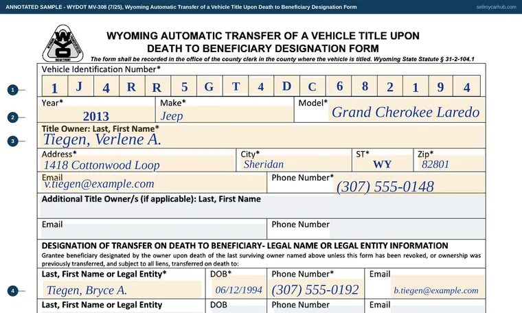 Top of our filled-in example of Wyoming MV-308, Wyoming Automatic Transfer of a Vehicle Title Upon Death to Beneficiary Designation Form